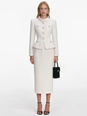 Self Portrait Cream Boucle Tailored Midi Dress